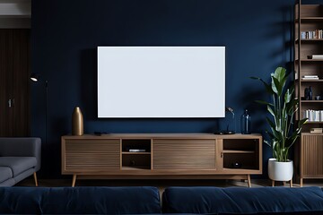  Dark blue wall in night time have tv on wood cabinet in living room with sofa 