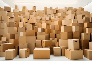 Many cardboard boxes in a warehouse. 3d rendering. Computer digital drawing.