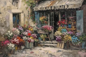 Cute rustic flower shop painting outdoors blossom.