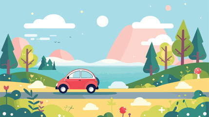 Spring road trip. Landscape with a cute car on the ro