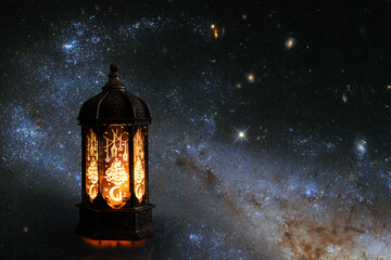 Eid al Adha, traditional Arabic lantern on the background of the star sky, Islamic holiday...
