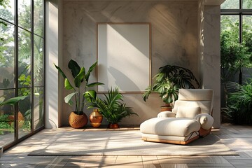 In a contemporary lounge, a cozy armchair sits on a stylish rug, surrounded by tropical plants.