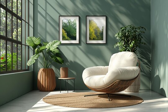 In a sunlit terrace, cozy wicker furniture and lush greenery create a luxurious and comfortable living space.