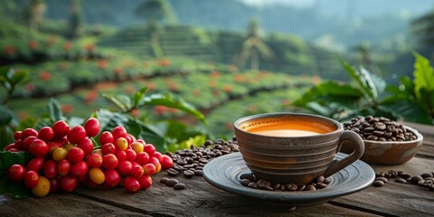 In a village scene, a rustic espresso cup sits amid a backdrop of a coffee plantation.