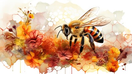 a picture summer illustration of bee and honey combs and flowers in watercolor styles, AI Generative