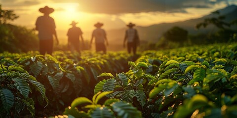 In the serene tea plantation at sunrise, workers cultivate amidst lush hills and sunlight.