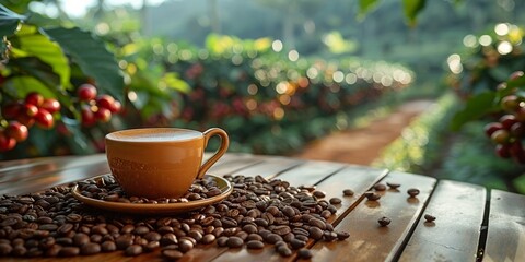 In a rustic setting, a coffee cup sits amidst a plantation harvest, exuding aromatic energy.