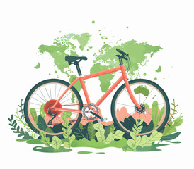a bicycle is parked in the grass with a world map in the background