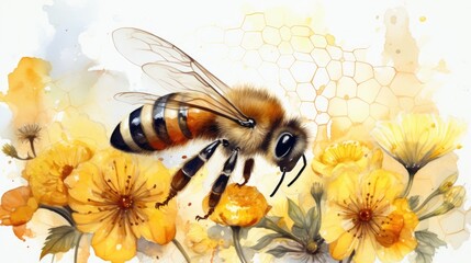 a illustration summer illustration of bee and honey combs and flowers in watercolor styles, AI Generative