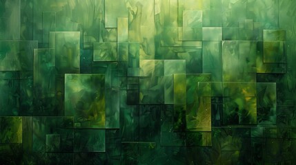 Layers of geometric lines in varying shades of green evoke a sense of depth and environmental awareness.