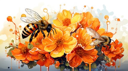 a portrait summer illustration of bee and honey combs and flowers in watercolor styles
