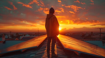 Methodically, the technician assembles solar arrays, advancing renewable energy deployment on residential rooftops. 