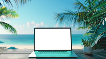 Laptop mockup, blank screen notebook mockup, background with blue sky and blue sea, 3d render