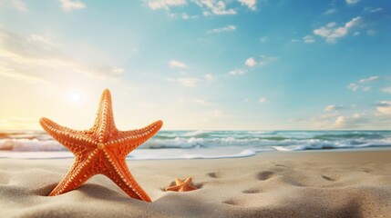 Fototapeta na wymiar A vibrant starfish centered on a pristine sandy beach, with a clear horizon in the background, designed for use in marine biology and conservation projects, with text space