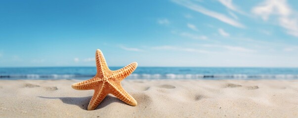 Fototapeta na wymiar Closeup image of a starfish on a sandy beach, clear blue sky above, perfect for themes involving marine life and vacations, with space for text