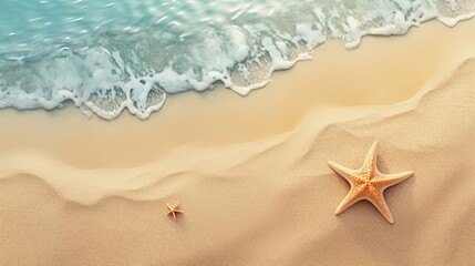 Detailed texture of sandy beach with a single starfish placed offcenter, evoking a calm, natural sea animal theme, with plenty of space for adding text