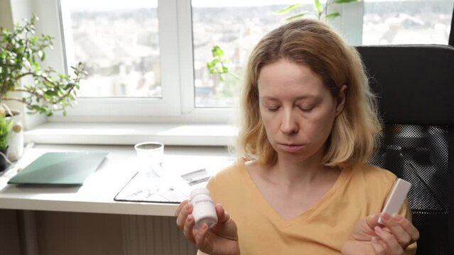 Abortion tablets, woman holding birth control pills, contraception method, healthcare support