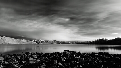 Lake Tekapo NZ, long exposure 720 nm infrared at sunrise