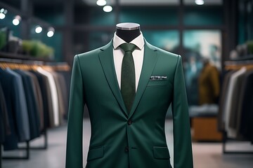 Green suit with necktie on a mannequin in a fashion store