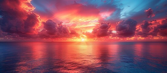 Fototapeta premium The sky transitions from shades of coral to indigo, a breathtaking canvas above the sea. 