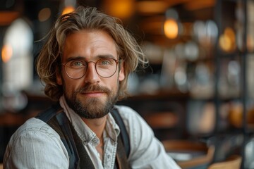 Obraz premium Handsome man with a casual style smiling in a well-lit café setting