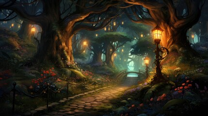 a picture wide winding path through lush enchanted forest, with tree canopy, magical fairytale lanterns, AI Generative