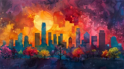 Vibrant colors merge city skyscrapers with Texan prairie life, a lively abstraction of contrasting environments