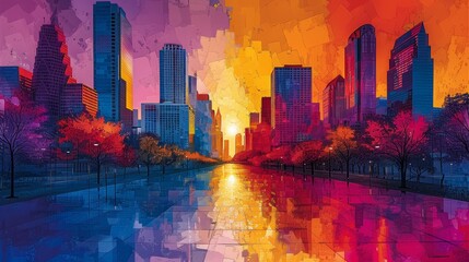 Vibrant colors merge city skyscrapers with Texan prairie life, a lively abstraction of contrasting environments.