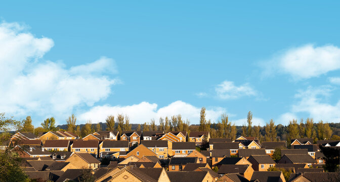 Spring Sky blue,Clouds Landscape rural village,Horizon Countryside in small town with cloudy in sunny day summer, View of Row of Typical English Terraced Houses in Middlebrough,North of England