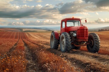 A vintage red tractor stands out against the backdrop of a golden harvested field under a dynamic cloudy sky