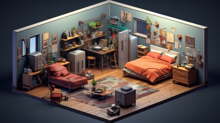 a picture wide-angle isometric bedroom view condo, AI Generative