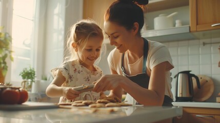 Obraz na płótnie Canvas A mother and her daughter baking cookies together in the kitchen, creating sweet memories and enjoying quality time on Mother's Day against a serene solid white backdrop. 