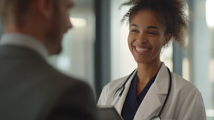 A close-up shot of a female doctor in a contemporary hospital environment, her warm smile symbolizing dedication and commitment as she presents medical information on a tablet to a