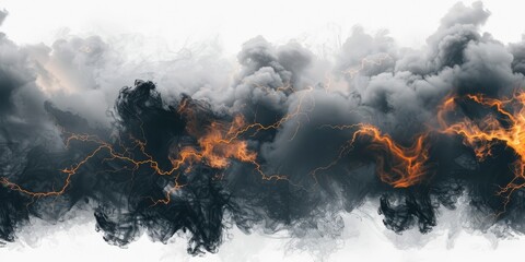 Dramatic black clouds, smoke and lightning isolated on white background. A burning sky in a horror movie. Crimson storm in apocalyptic, judgment day. High quality photo