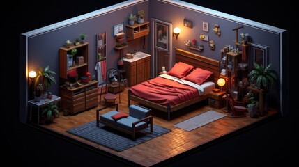 a portrait wide-angle isometric bedroom view condo