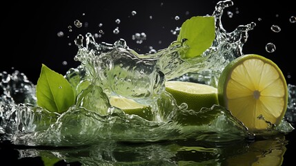 Slice of lemon with fresh green leaves splashing into water against a black background