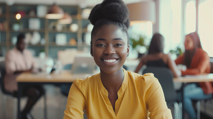 At a modern conference table, a black young woman leads a team meeting with confidence, her smile conveying both professionalism and approachability as she discusses project milest