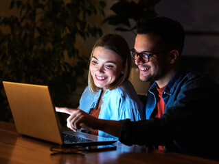business young friend night couple student laptop computer office businessman businesswoman...
