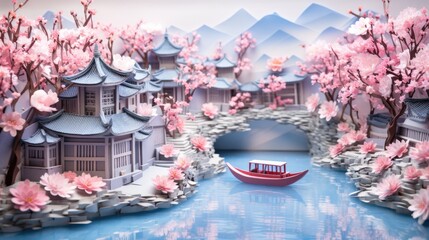 a picture river in the springtime and come across a city surrounded by blooming flowers, AI Generative