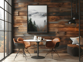 Nature's Embrace: Detailed Forest Scene on White Frame Mockup in Rustic Dining Area