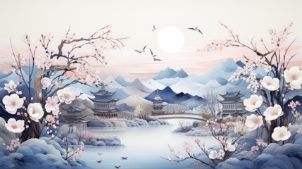 a illustration river in the springtime and come across a city surrounded by blooming flowers, AI Generative
