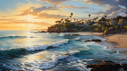 A Vibrant Oil Painting, small seaside town with a fountain, trees, beach, waves, white water, ocean, sunset, clouds, hyper detailed, cinematic lighting, long shadows, saturated contrast, AI Generative