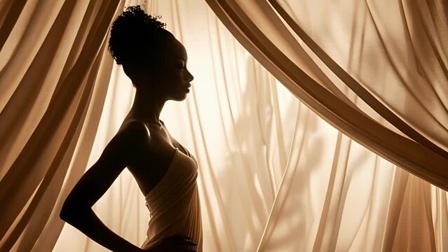 Against a backdrop of billowing curtains a black woman poses in a silhouette the cascading fabric enhancing her curves and accentuating her magnetic presence. She exudes grace and .