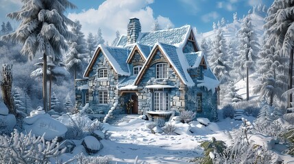 The image shows a large, two-story house covered in snow. The house has a grey stone exterior and a large front porch. There are snow-covered trees and bushes in the front yard. The sky is blue and th