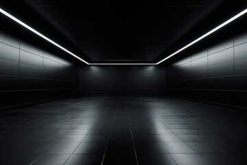 Black modern room lighting tunnel floor.