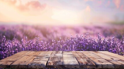 Beautiful lavender flower field with wooden table top for product display