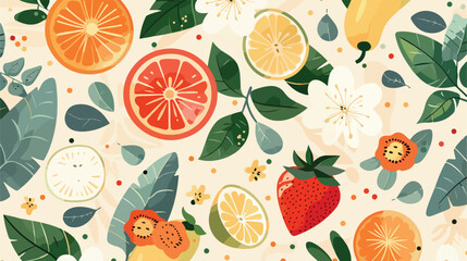 Summer pattern with fruits leaves and flowers. Vector