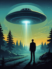 Witness sees UFO, retro illustration.
