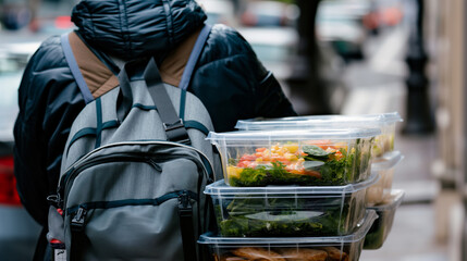 Close-up of a food delivery man's backpack filled with neatly packed food containers, each one carefully prepared and ready to be delivered to a customer's doorstep, ensuring a del