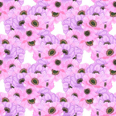 Hand drawn watercolor pink and purple anemone flowers bouquet seamless pattern isolated on white background. Can be used for textile, fabric and other printed products.